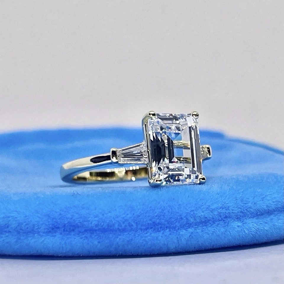 3 Stone Emerald Cut Simulated Diamond Engagement Ring 925 Sterling Silver - Image 1 of 4