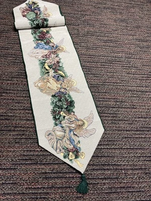 Tapestry Table Runner Christmas Angel Wreath 13X72 Green Tassels USA Made - Image 1 of 4