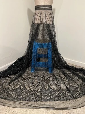 Black Blue Beaded Sequins Embroidery Bridal Lace Fabric 50” Width By The Yard - Image 1 of 4