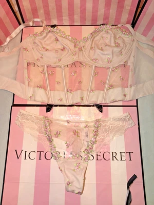 Sujetador Victoria's Secret Corsé Top y Rosa Rosa Estampado 38 Tanga Grande Foto 1 de 4