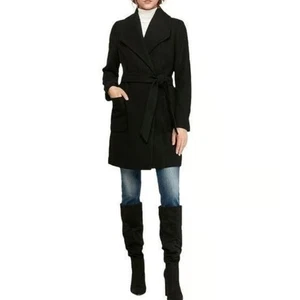 Express Black Wool Blend Wrap Coat Belted Trench Style XS - Picture 1 of 8