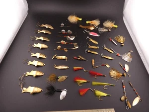 44 PC VINTAGE FISHING LURE LOT SPOONS SPINNERS JIGS FLIES BLUE FOX ROOSTERTAIL + - Picture 1 of 5