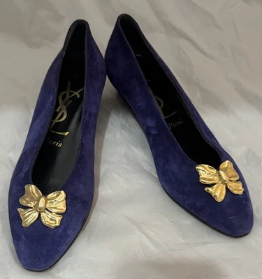 Zapatos de gamuza vintage Yves Saint Laurent Paris con lazo de metal dorado talla 7 Foto 1 de 4