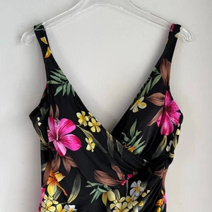 Traje de baño vintage milagroso negro floral hawaiano de una pieza talla 18 hibisco - Imagen 1 de 8