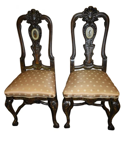 Antique Carved & Hand Painted Venetian Style Side Chairs w/Reverse Painted Glass Cover