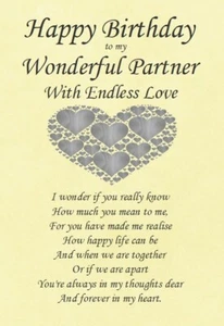 Tarjeta Happy Birthday to my Wonderful Partner A5 para él/ella/marido/esposa - Imagen 1 de 3