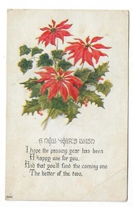 VTG Postcard A New Year's Wish Poinsettias - Picture 1 of 2