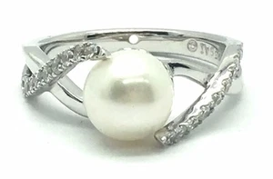 Sterling Silver 925 Cream Pearl CZ Pave Split Wave Swirl Twist Cocktail Ring - Picture 1 of 4