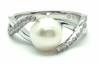 Sterling Silver 925 Cream Pearl CZ Pave Split Wave Swirl Twist Cocktail Ring - Image 1 of 4