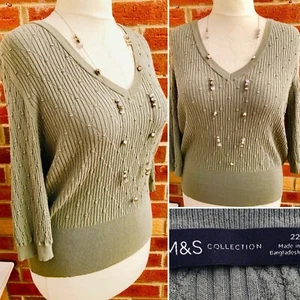 M&S Gr. 22 Khaki Grün Pullover Herbst Winter Abend Stretchig TOP S1 - Bild 1 von 8