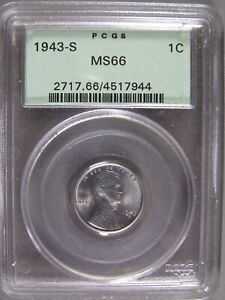 1943 S Lincoln Steel Cent PCGS MS66 old green holder OGH