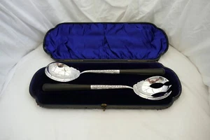 RARE CASED SET of VICTORIAN HM STERLING SILVER SALAD SERVERS 1898 - Picture 1 of 24