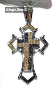 Men's .50 Ct. 168-Natural Yel-Blk Diamonds 925 Sterling Cross Pendant 32x62.5 mm - Picture 1 of 15