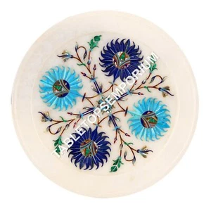 White Mable Plate Turquoise Lapis Precious Inlay Stone Kitchen Gift Decor H3569 - Picture 1 of 5