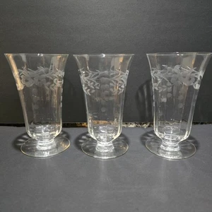 Set Of 3 Footed Ice Tea Goblet 5.5in Blown Glass Etched Flower Crystal Clear - Picture 1 of 7