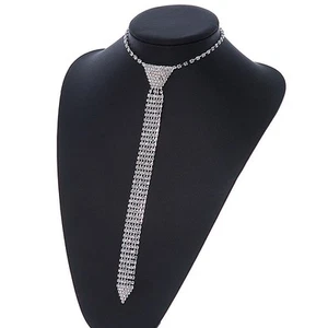 Long Thin Austrian Crystal Tie Necklace In Silver Tone Metal - 28cm L/ 18cm - Picture 1 of 4