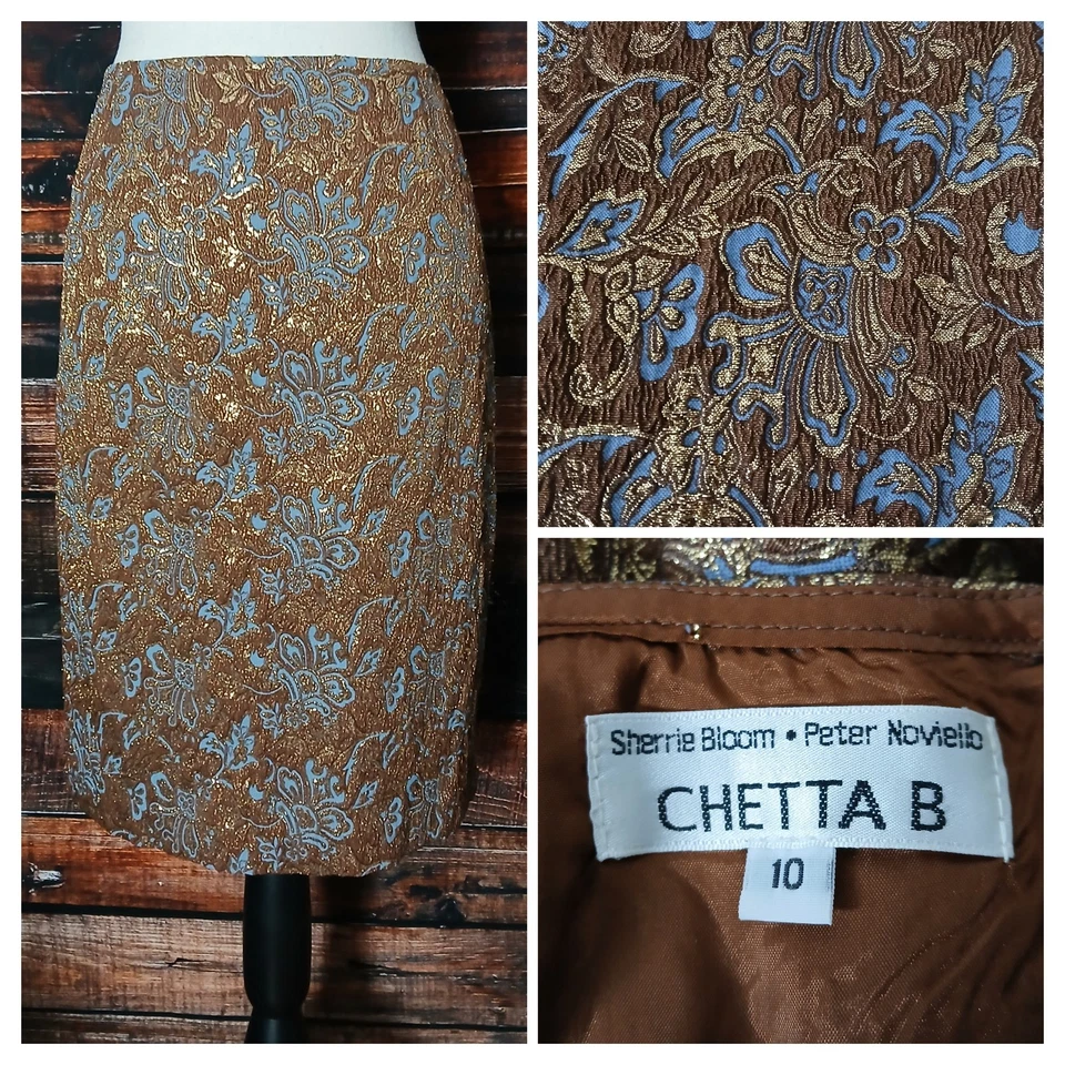 Falda Lápiz Chetta B Vintage Años 80 Talla 10 Brocado Metálico Cremallera Trasera Hecha en EE. UU.  Foto 1 de 4