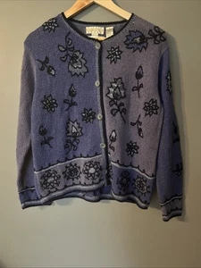 Sigrid Olsen Cardigan Med Sweater Hand Knitted Purple And Blue Floral Buttons - Picture 1 of 12