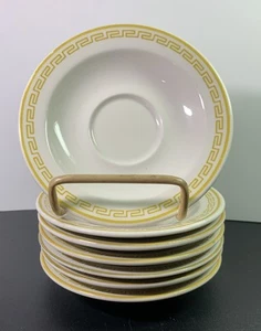 7 VTG Homer Laughlin Athena Gold Greek Key Saucers Restaurant Ware 5 1/2" - Picture 1 of 10