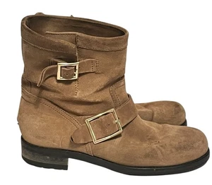 JIMMY CHOO 'Youth' Suede Moto Boots •Women 38/ 8•Brown Suede Biker Double Buckle - Picture 1 of 13
