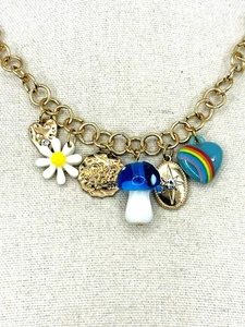Wild Fable Daisy Mushroom Rainbow Heart Charms Gold Tone Chain Necklace - Picture 1 of 22