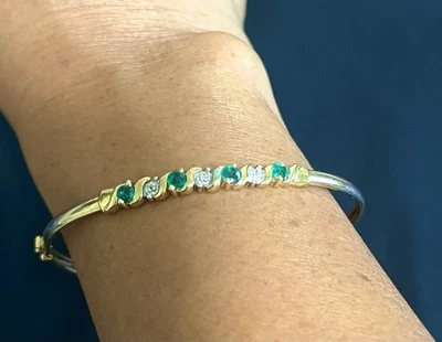 Gorgeous 10k Natural Emerald And Diamond Bangle Bracelet. 4.5g — 第 1/4 张图片