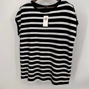 Lauren Ralph Lauren Pailletten Streifen Top Größe 1X Schwarz Weiß Glitzer Strick T-Shirt - Bild 1 von 10