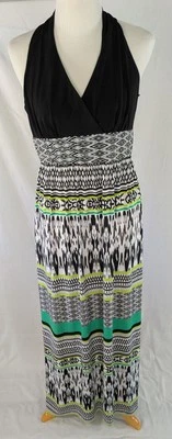 Maxi Vestido Halter Ronni Nicole Talla 10 Groovy Geométrico Slinky Boho Verde/Negro Foto 1 de 4
