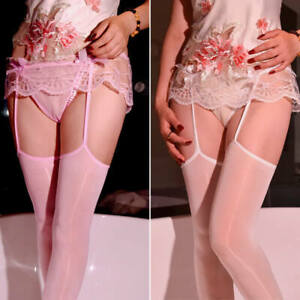 Womens Glossy Stockings Sheer Lace Briefs Garter Belt Stay Up Thigh-High Hosiery