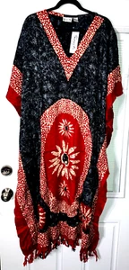 NWT 100% RAYON MUMU 2X 3X SANTE KAFTAN CAFTAN DRESS BLACK RED GRAY WHITE FRINGES - Picture 1 of 4