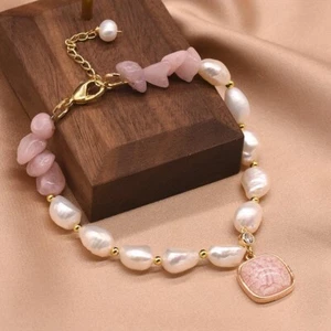 14k gold plated natural baroque rose quartz rough stone goldstone bracelet - Picture 1 of 10