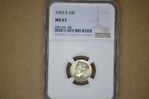 1953-S Roosevelt Dime- NGC MS-67. Beautiful Coin! - Picture 1 of 5
