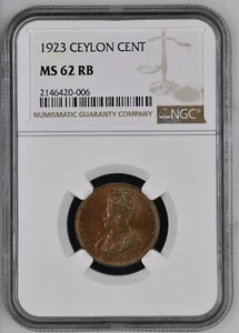 1923 CEYLON Copper CENT NGC MS-62 RB - Picture 1 of 2