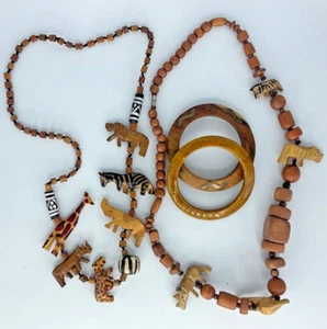 Vintage African Hand Carved Animals Wooden Necklace and Bracelet Lot Jewelry - Picture 1 of 8