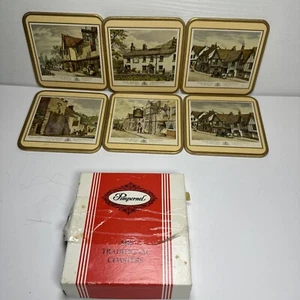 Pimpernel Set of 6 Old English Inn Vintage Coasters Cork Back - Picture 1 of 10
