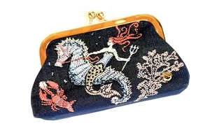Spartina 449 Unsinkable Sea Creature Coin Purse Denim Coral Gold Frame - Picture 1 of 11