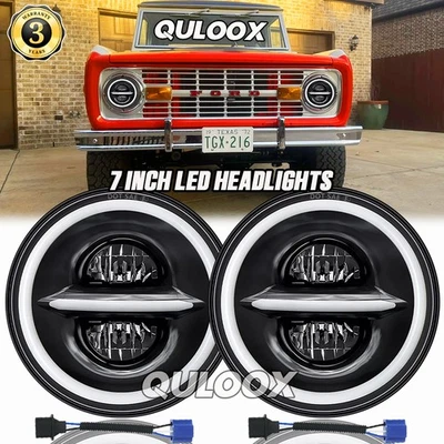 Fit Ford Bronco 1966-1978 2x 7'' round LED Headlight Hi/Lo Halo Turn Signal Lamp - Image 1 of 4