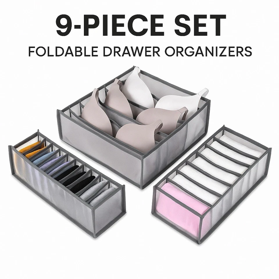 Keep Your Drawers Neat & Organized With This 9-pcs Foldable Fabric Organizer Set - Image 1 of 4