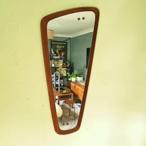 Vintage 70's Mid-Century Teak Wall Mirror Asymmetric Danish Scandi Style Long - Picture 1 of 8
