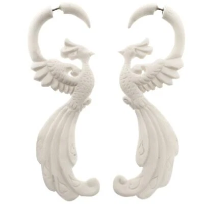 Pendientes de poste tallado pájaro gallo hueso bisonte blanco calibre falso, 3 1/2" Foto 1 de 2
