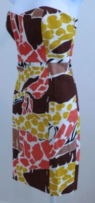 Vestido TIBI Marfil Marrón Naranja Dorado Estampado Lino Sin Tirantes Talla 6 Foto 1 de 4