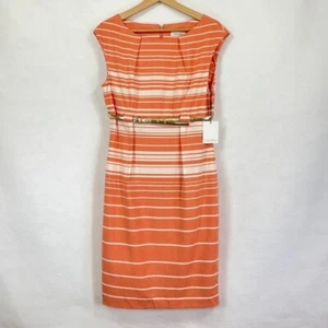 Calvin Klein Sleeveless Belted Dress Striped Knee Length Sheath Spring NWT 10 - Picture 1 of 7