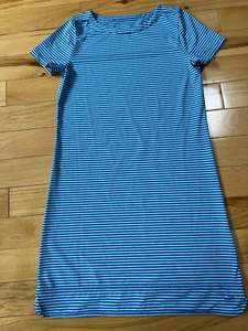 Lands End Shades of Blue Striped Short-Sleeve Casual Dress L 14 Preppy Nautical - Picture 1 of 4