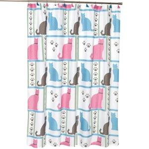 70"x72" Shower Curtain With Cats and Pawprints and 12 Hooks - Picture 1 of 6