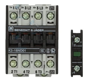 CONTACTOR BENEDIKT JAGER K3-18ND01 18A 3 x NO 1 x NC + AUXILLARY BLOCK 230v COIL - Picture 1 of 10