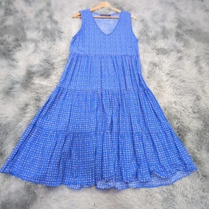 Mister Zimi Linen Blend Tiered Midi Dress Womens 10 Blue Pink Polka Dot Summer - Picture 1 of 16