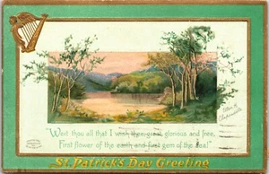AK St. Patricks Day Grüße Golden Harfe Landansicht geprägt Goldrahmen - Bild 1 von 2