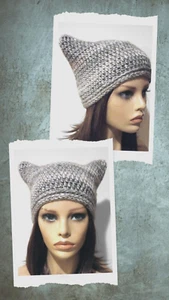 crochet handmade womans hat kitty cat ears beanie winter blush wool blend - Picture 1 of 3