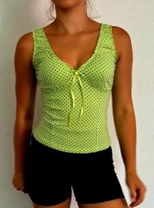 Sexy Miss Women V Neck Girly Dots Top Ruffle Lace Straps Bow XS/S Green - Picture 1 of 8