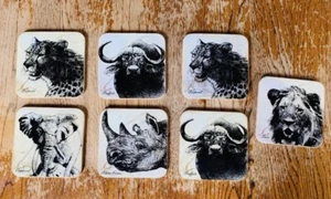 7 African Animal print coaster set barware wildebeest, lions, cheetah, rhino - Picture 1 of 4
